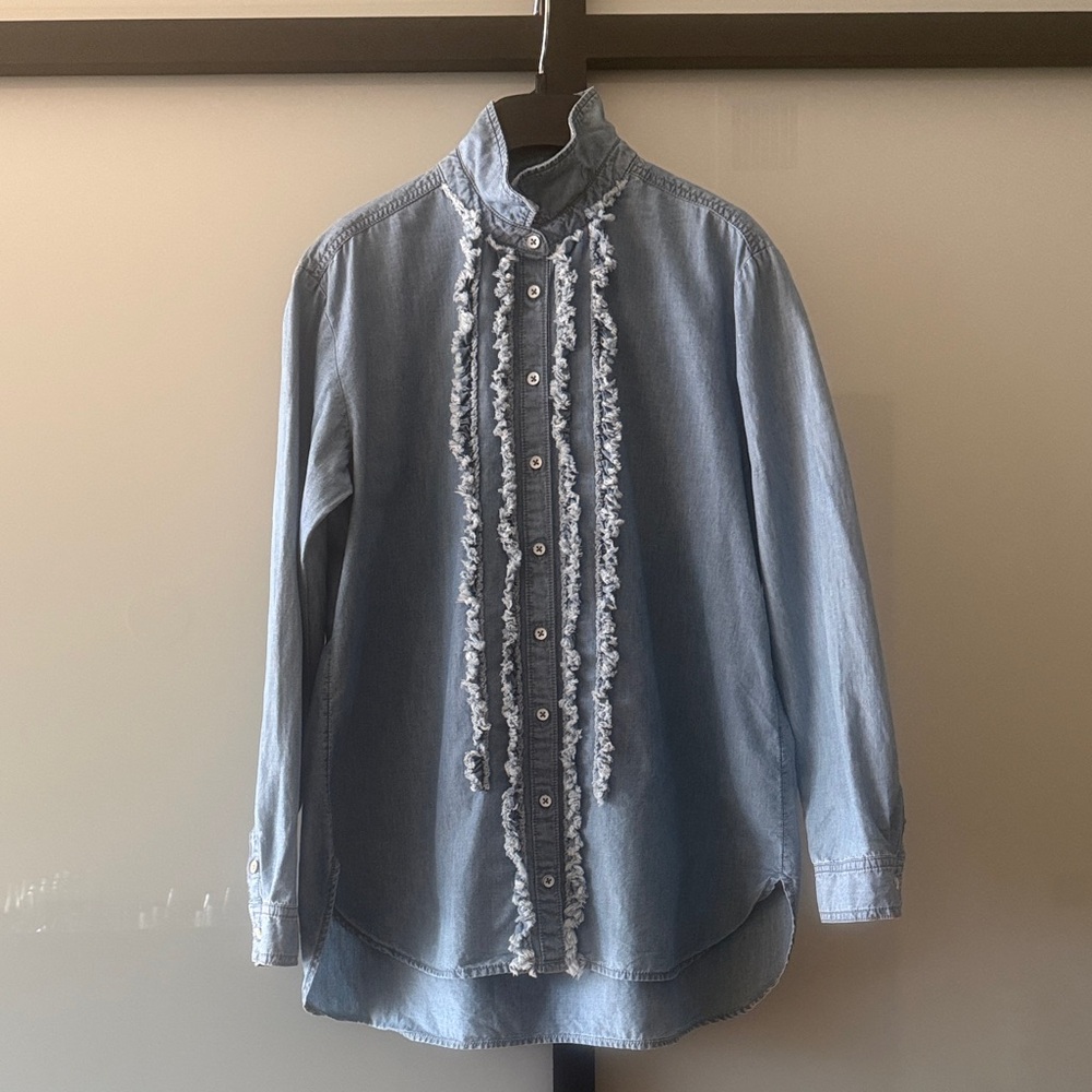 Pilcro by Anthropologie Light Blue Chambray Ruffle Front Button-Down Shirt